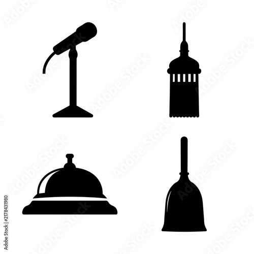 Black hotel service icons set - Minimalist vector icons of a microphone, bell, desk lamp, and wine bottle for hotel services.