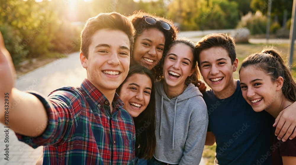 Obraz premium Group of happy multiethnic teenagers taking a selfie outdoors together