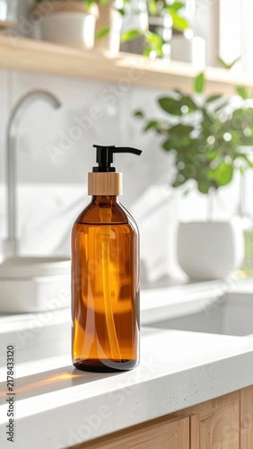 Amber glass pump bottle with bamboo collar on kitchen counter, eco friendly skincare product, natural bathroom aesthetic, home hygiene and sanitation