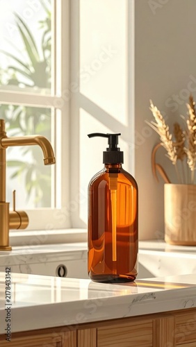 Amber glass soap dispenser with black pump on marble countertop in sunny kitchen, skincare storage, bath vanity, wellness interior