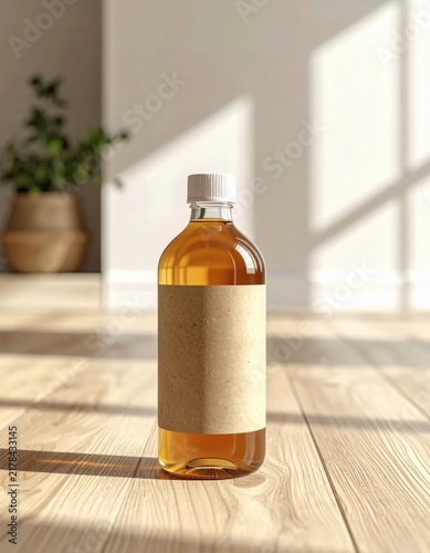 Amber glass bottle with blank kraft paper label standing on wooden floor, cosmetic packaging mockup, skincare serum oil container