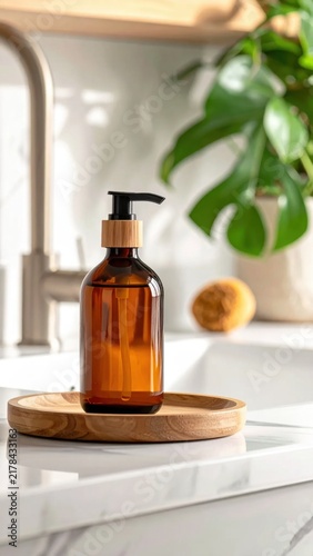Amber glass soap dispenser with wooden tray on marble sink, sustainable bathroom accessories, spa skincare and zero waste routine
