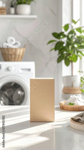 Blank cardboard detergent box mockup on laundry room counter, sustainable packaging, natural laundry products