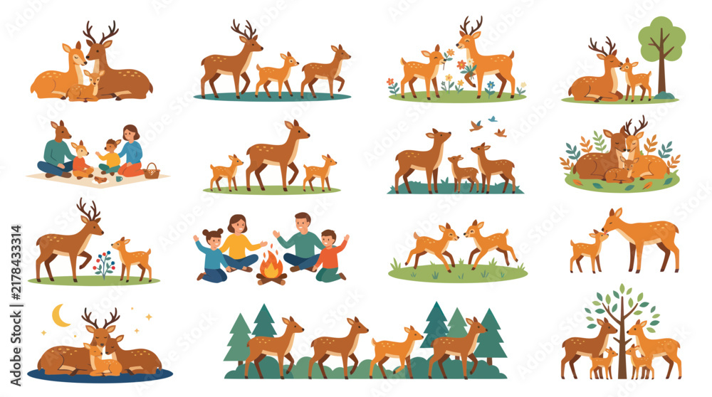 Obraz premium Cute Deer Family and People Camping Together, Flat Design, Nature, Vector