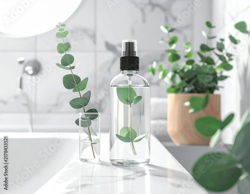 Clear spray bottle with eucalyptus sprig inside on bathroom marble counter with green plants, spa wellness decor