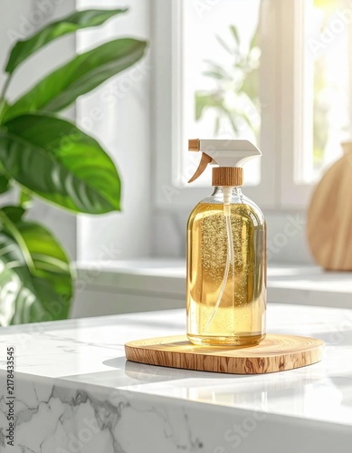 Glass spray bottle with amber liquid on wood coaster, household cleaning, organic natural product, kitchen counter, sunny interior