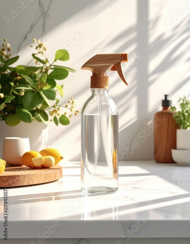 Glass spray bottle with wooden trigger on marble kitchen counter, eco friendly cleaning supply, sustainable household maintenance, natural home care