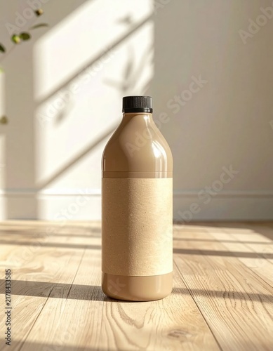 Mockup of beige plastic bottle with blank textured paper label, standing on wooden surface in soft sunlight, product packaging design