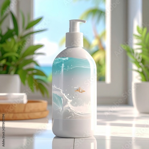 Pump bottle with refreshing ocean wave and seashell graphic, coastal spa decor, bathroom hygiene accessory, skincare product mockup