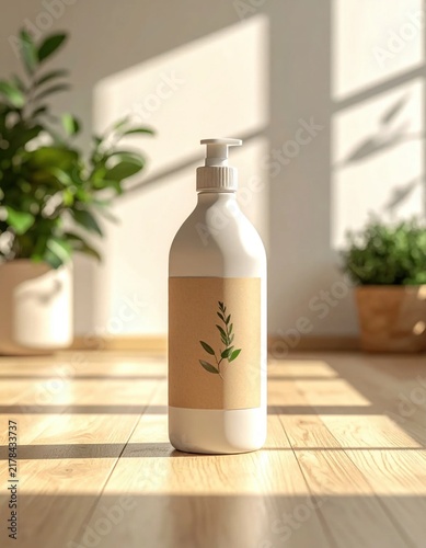 White cosmetic pump bottle with kraft paper label featuring a green leaf illustration, organic skincare product mockup for brand presentation