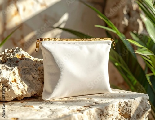 White fabric makeup pouch with gold zipper placed on textured stone surface, summer aesthetic, beauty accessory, cosmetics storage, minimalist travel gear