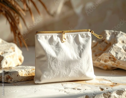 White fabric zipper pouch placed on textured stone surface with golden zipper details, cosmetic bag or travel accessory, natural aesthetic, elegant lifestyle display