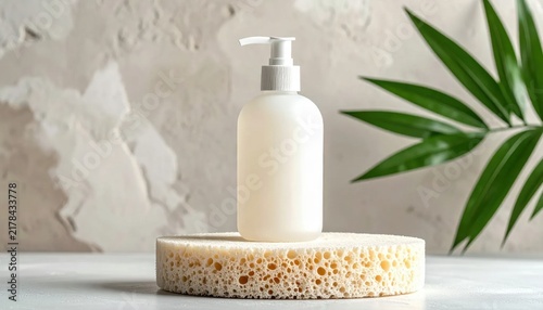 White plastic pump bottle for skincare standing on a textured sponge pedestal with tropical leaf backdrop, spa branding mock-up
