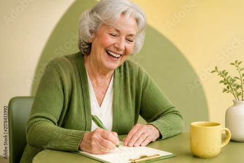 Joyful senior writing with copy space and pastel decor