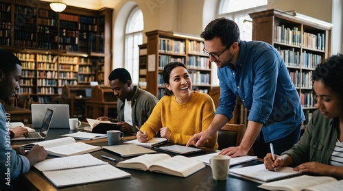 Professor helping diverse students study together in a university library