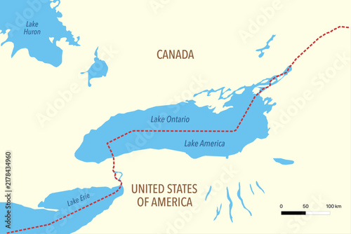 Lake Ontario Map Showing Canada–US Border and Lake America Name