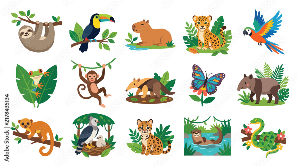 Fototapeta premium Colorful Flat Design Amazon Rainforest Animals Vector Illustration Set for Wildlife and Nature Education