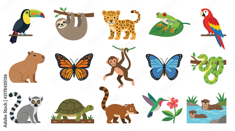 Fototapeta premium Flat Style Vector Illustration of Various Rainforest Animals and Birds in a Tropical Forest
