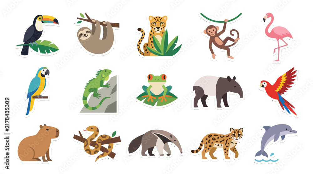 Obraz premium Flat Design Animal Stickers for Kids: Toucan, Sloth, Jaguar, Monkey, Flamingo, Parrot, Frog, Tapir, Anteater, Capybara, Ocelot, Dolphin