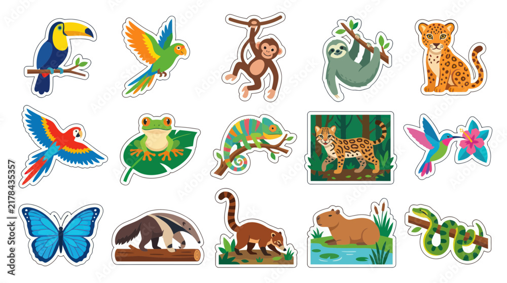 Fototapeta premium Cute Cartoon Tropical Rainforest Animals Collection - Wildlife Nature Education Flat Vector Illustrations