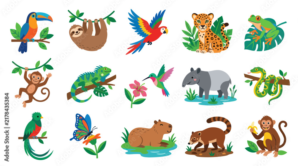 Obraz premium Vibrant Flat Cartoon Vector Set of Tropical Rainforest Animals and Jungle Wildlife for Kids Education