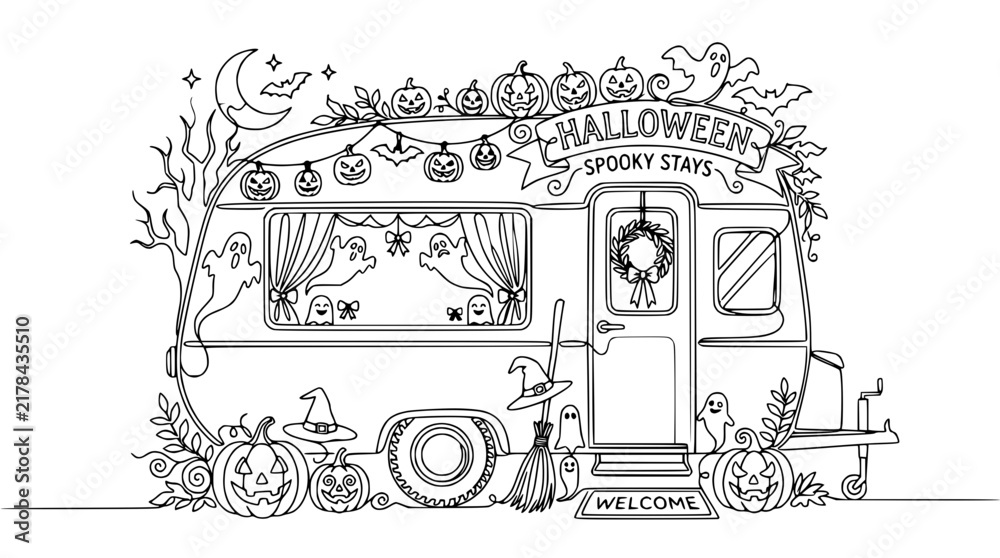 Obraz premium Halloween Camper Van Outline with Pumpkins, Ghosts, and Moon - Isolated