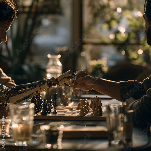 Chess Game Between Human and Robot in Cozy Café Setting