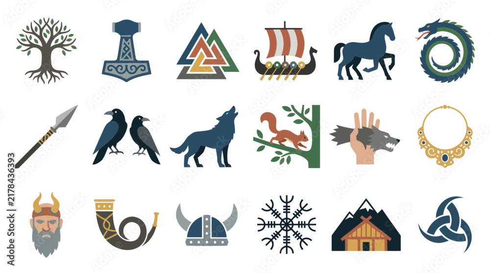 Obraz premium Viking Icons Set: Norse Mythology Symbols, Flat Vector Art