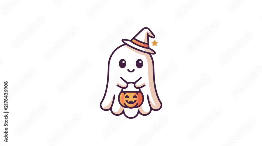 Naklejka premium Cute ghost holding a pumpkin shaped treat bucket.