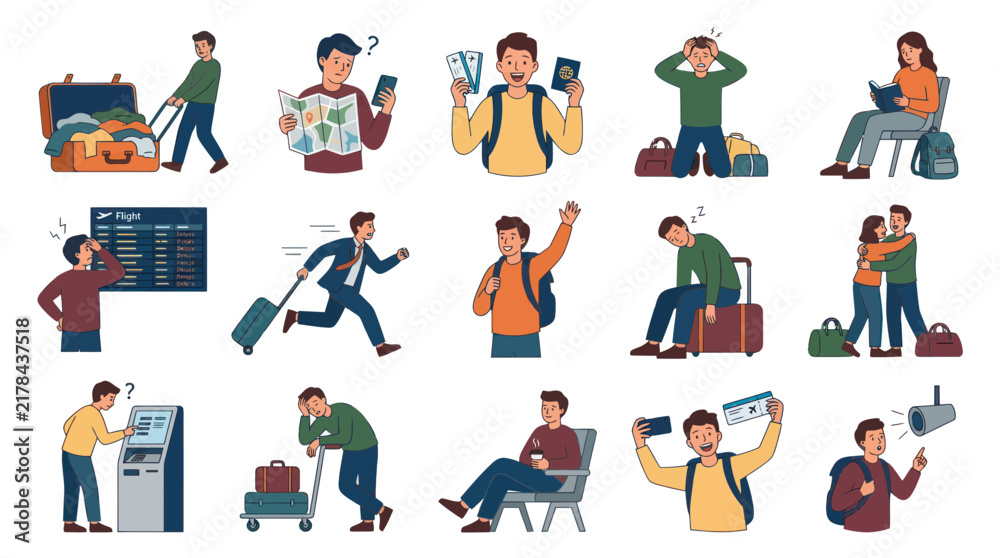 Fototapeta premium Flat Vector Illustration Set of Travelers: Airport Scenes, Vacation Journey, People's Travel Experiences