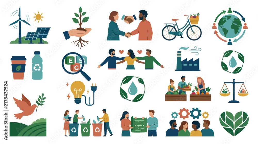 Naklejka premium ESG Sustainability Flat Vector Icons: Environmental, Social, Governance, Green Business Community.
