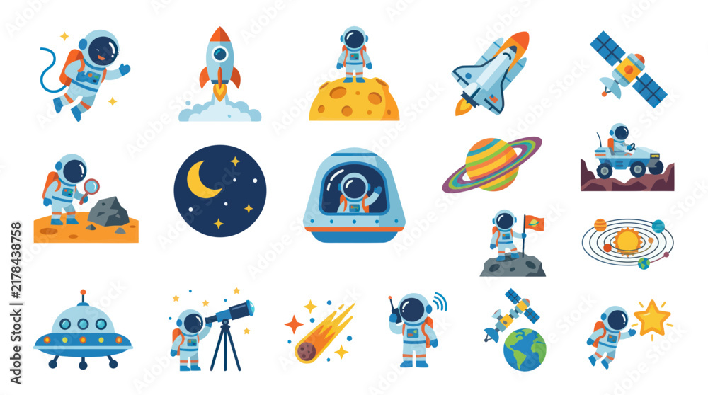 Naklejka premium Flat Style Astronauts, Rockets, Planets, and Spacecraft Vector Icons