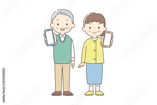 Plakat スマホの画面を見せるシニア男女の全身イラスト