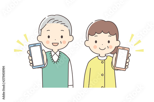 Plakat スマホの画面を見せるシニア男女の上半身イラスト