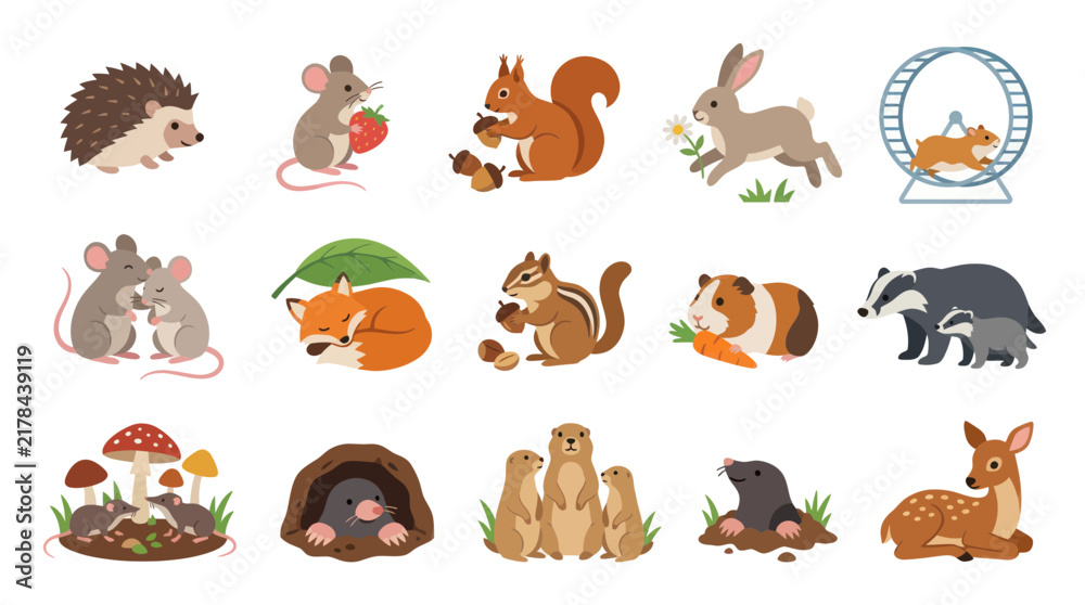 Fototapeta premium Collection of Cute Small Mammals and Forest Animals Flat Cartoon Illustrations for Nature and Wildlife Designs