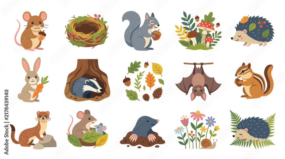 Obraz premium Cute Flat Vector Illustration Set of Woodland Animals, Forest Creatures, and Nature Elements for Kids Education