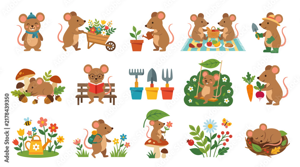 Obraz premium Adorable Flat Vector Mouse Characters Collection in Nature: Gardening, Reading, Playing, and Picnics