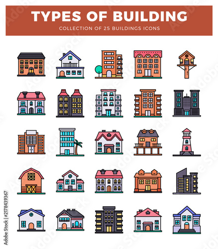 flat building icons with diverse architectural styles and colors on white background.
