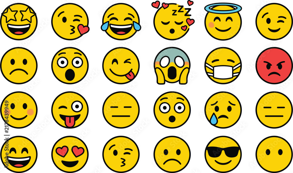 Fototapeta premium Yellow emoji emoticon face icon set featuring happy sad kiss angry shocked laughing avatar character expression vector collection