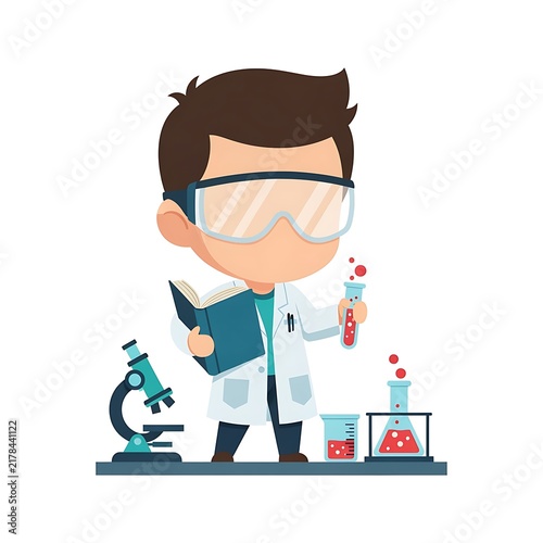 Young Scientist Cartoon Character Learning and Experimenting in a Lab