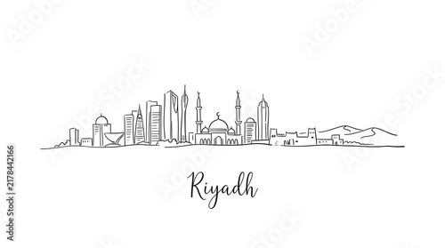 Elegant minimalist black and white line art depiction of Riyadh skyline illustrating iconic buildings and cityscape