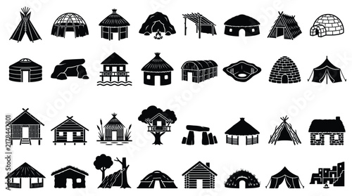 Comprehensive set of black silhouette icons depicting various global primitive and traditional dwellings including tepees, igloos, yurts, mud huts, log cabins, and cave shelters.