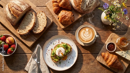 High angle view of a delicious morning breakfast flat lay with avocado toast latte coffee fresh bakery and berries on rustic wood table