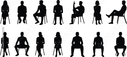 Photography Set of black silhouettes of people sitting on chairs in various poses including