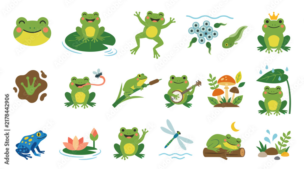 Obraz premium Cute Cartoon Flat Frogs Vector Illustration Set with Pond Life, Tadpoles, and Nature Elements