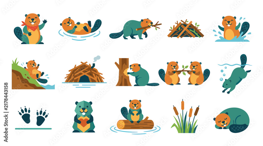 Obraz premium Cute Beaver Animal Icons - Flat Design Vector Illustrations