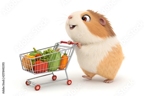 Cartoon hamster pushing grocery shopping cart with fresh vegetables