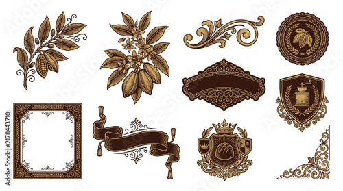 Vintage Botanical & Heraldic Design Elements Isolated on Transparent Background