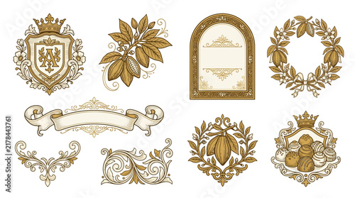 Vintage Chocolate Emblem Set: Crests, Wreaths, Frames, Banners