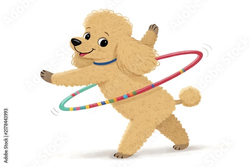 Cartoon poodle playing with colorful hula hoop
